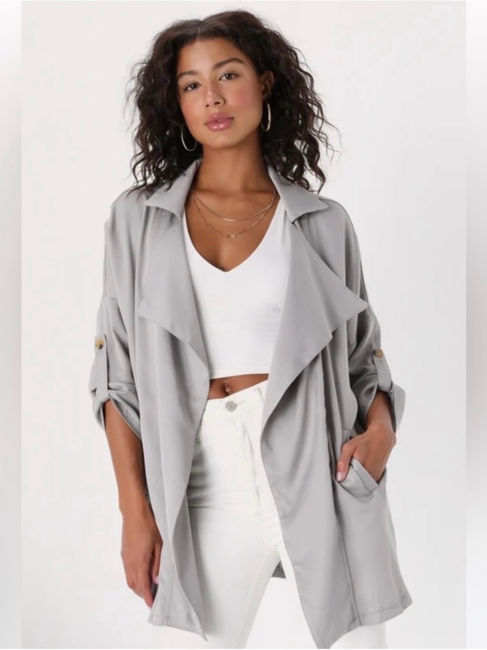 Lulu's Light Gray Draped Trench Coat with Roll-Tab Sleeves